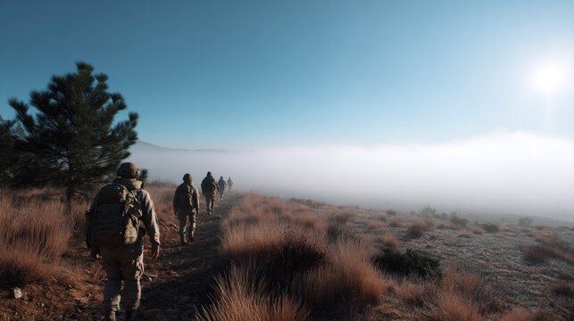 Military Mission in Fog: A squad of soldiers, equipped with backpacks, marches in single file along a rugged trail, shrouded in a mystical morning fog with the sun glinting overhead.