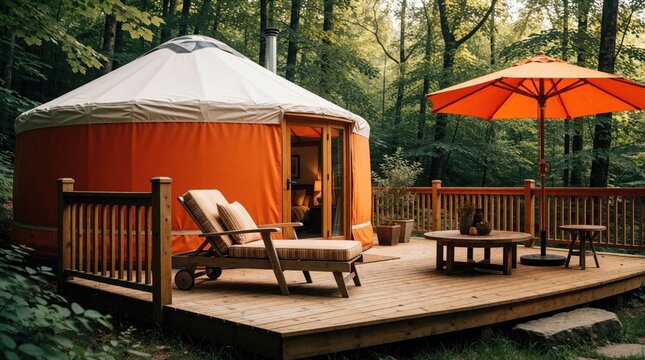 Orange yurt with white roof sits on wooden deck in green forest. Luxury glamping tent features lounge chair, big orange umbrella. Modern eco cabin offers outdoor relaxation in nature. Cozy forest