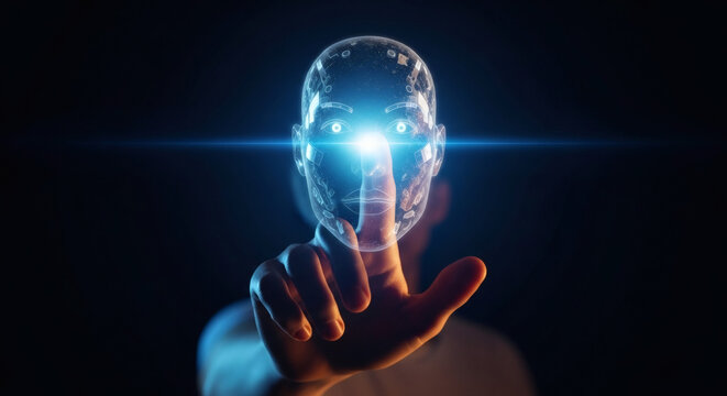 Futuristic concept of artificial intelligence featuring a human hand interacting with a digital holographic human head on a dark background