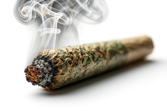 Realistic rolled cannabis joint with burnt tip, grey smoke. Marijuana cigarette smoldering on white background. Close up of ganja herb smoking for recreational use medical therapy. Natural drug