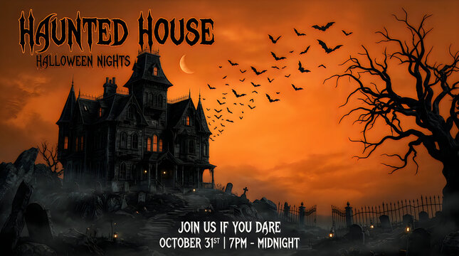 Haunted house with bats during halloween night