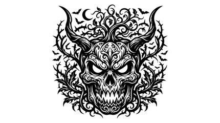 Fototapeta premium Evil Skull Tattoo Art with Horns, Bats and Vines - Black and White Vector