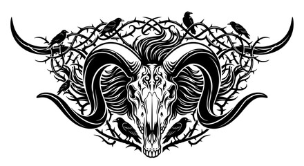 Fototapeta premium Ram Skull with Crows and Thorns - Dark Art Vector Illustration