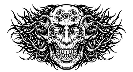 Fototapeta premium Demonic Face with Multiple Eyes and Thorny Tendrils, Dark Art Vector