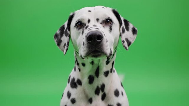 Dalmatian dog head turns right and left against a green screen background with subtle cinematic motion