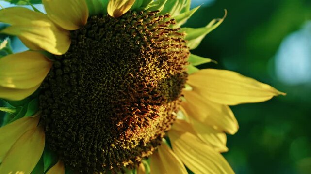 Macro close-up of a blooming yellow sunflower head with opening florets in warm golden sunlight on a farm field.