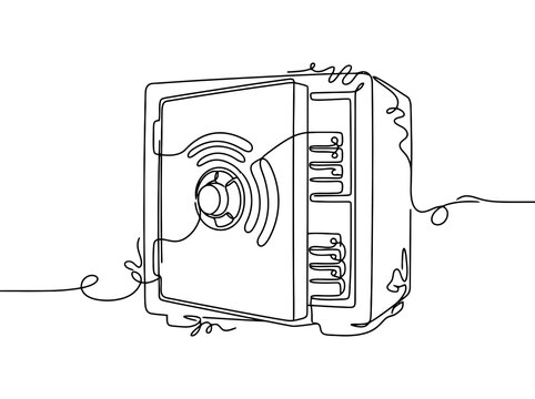 An open safe with shelves and a dial rendered in a minimalist single line drawing style