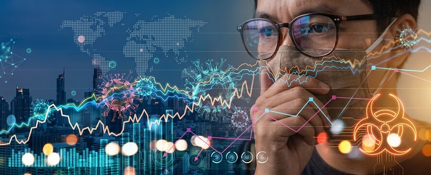 Man Analyzing Data During Pandemic with Graphs and Virus Icons