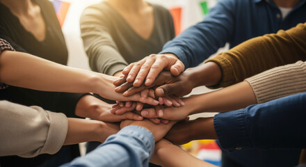 Obraz premium Diverse Group of People Stacking Hands Together to Represent Unity and Successful Teamwork in a Professional Workplace Setting