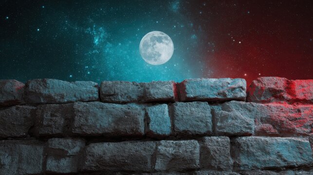 Moody stone brick wall at night, full moon sky backdrop. Dark textured masonry with blue and red lighting for background