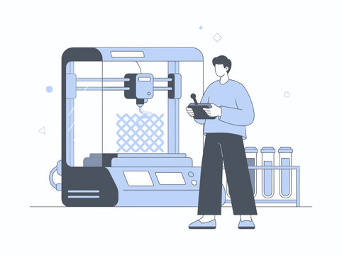 Man operates 3D printer creating lattice structure in lab with test tubes meanwhile