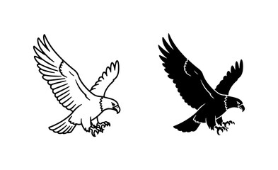 Fototapeta premium Eagle Vector Icons: Silhouette and Outline, Majestic Bird of Prey, Freedom Symbol, Graphic Resource