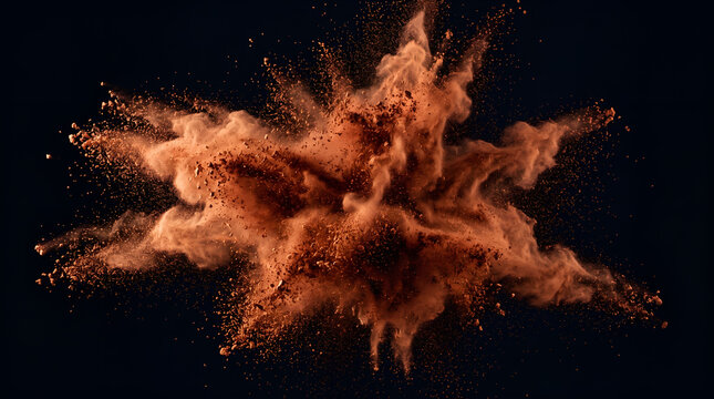 brown powder explosion and dust cloud isolated on black background