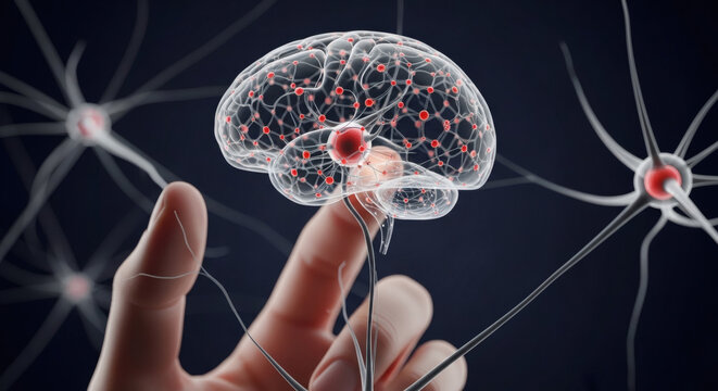 Conceptual digital illustration of a human hand interacting with a glowing neural network brain representing artificial intelligence and neuroscience