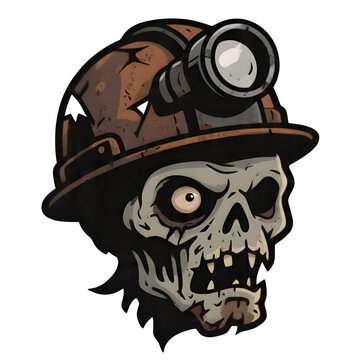 A black and white zombie miner head logo vector illustration wearing a helmet with light isolated on white background.