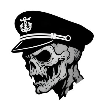 A black and white vector illustration of a creepy zombie captain skull wearing a navy hat isolated on white background
