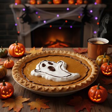 Pumpkin pie topped with a ghost-shaped cream design. The scene includes several small, carved pumpkins with glowing faces, autumn leaves, and a steaming orange mug.