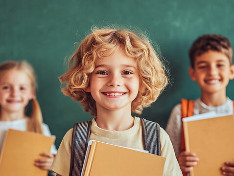 Happy elementary school children with books and backpacks in front of a chalkboard