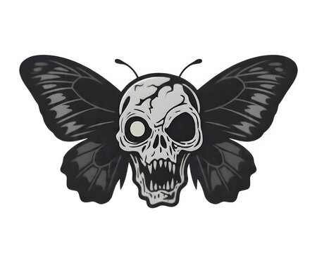 A detailed black and grey zombie butterfly skull illustration with spread wings isolated on white background