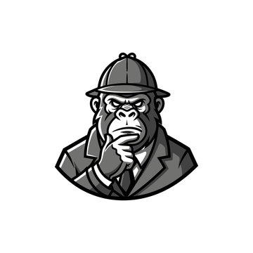 Gorilla detective mascot logo illustration, a thoughtful ape in a suit and deerstalker hat, contemplating a mystery, black and white vector art.
