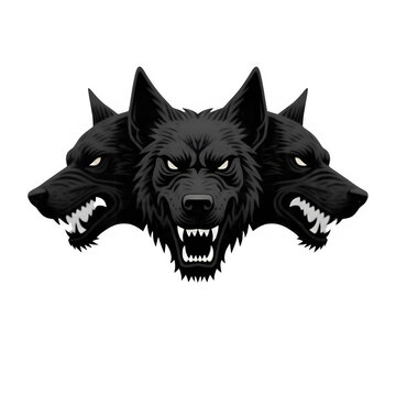 A bold black and white line art illustration of a terrifying three-headed cerberus wolf monster mascot logo isolated on white background.