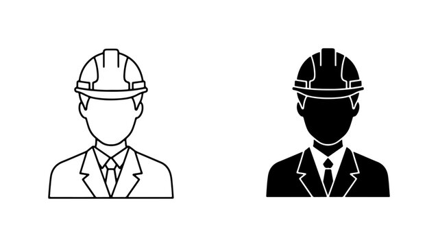 Construction Worker Icon Set, Safety Helmet Professional, Industrial Engineer Silhouette, Business Man Outline