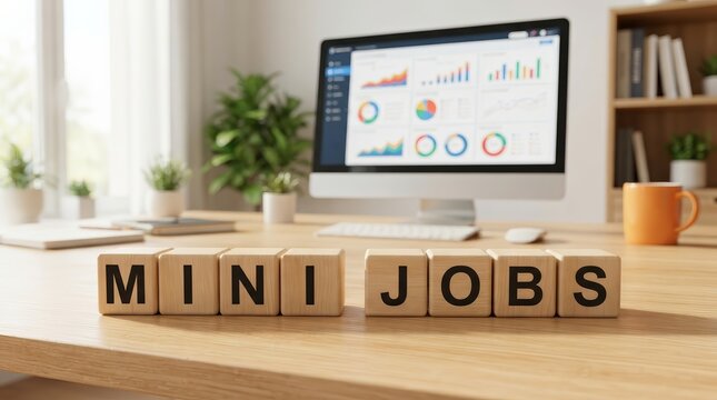 Mini jobs concept for part time income and short shift seasonal roles in a modern office setting.