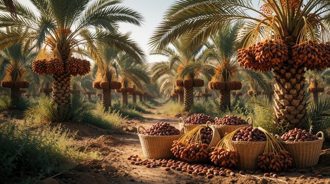 Sunlit date palm grove with ripe fruits in woven baskets. Harvested sweet dates lie on sand path between rows of palm trees. Agriculture scene in desert oasis during golden hour. Organic food crops