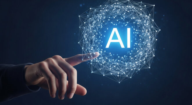 Human Interaction with Advanced AI Tapping into a glowing artificial intelligence network, symbolizing innovation, data connection, and the future of digital technological advancement