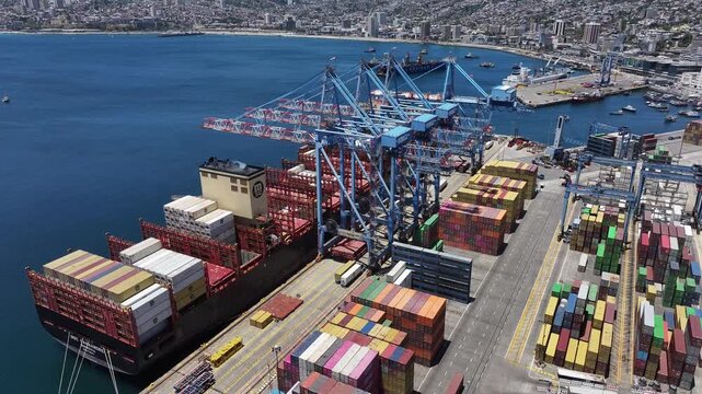 Aerial view of container terminal operations at the Valpara&iacute;so Port in Chile, South America