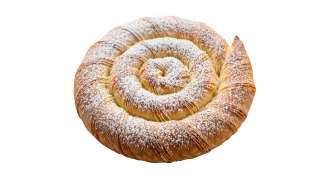 Ensaimada pastry with powdered sugar sits on transparent background for bakery.
