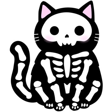 A cute skeleton cat cartoon for halloween concept illustration, spooky kawaii black kitty with skull face and white bones 