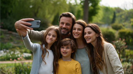 Fototapeta premium Family Snapshot Moment: A happy family poses for a selfie in a sun-dappled park, capturing a cherished memory together amidst lush greenery and blooming flowers.