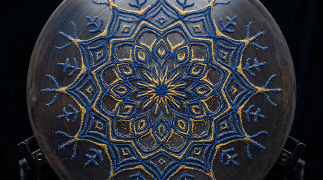 intricate mandala pattern created with blue and gold sand on a circular metal plate