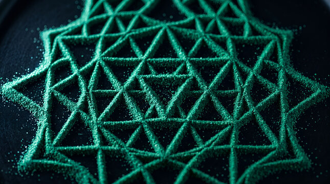 Green superfood powder arranged in complex geometric star pattern on dark background