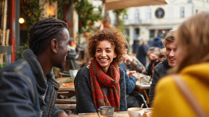 Fototapeta premium Friends Enjoying a Parisian Cafe: A group of diverse friends laugh and converse animatedly at an outdoor cafe in Paris, enjoying a warm afternoon filled with good company and pleasant ambiance.