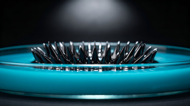 Black ferrofluid spikes forming in petri dish with turquoise blue liquid against black background