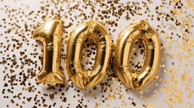 Gold 100 foil balloon on white background with confetti, festive anniversary milestone decoration, party celebration photo