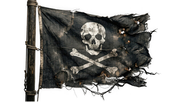 Tattered pirate flag with skull and crossbones isolated on transparent background
