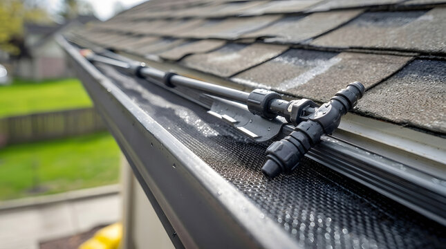 Modern Gutter Guard Mesh Screen Installed on House Roof Edge | Close Up of Roof Gutter Protection Mesh with Micro Nozzle Wand | Roof Eavesdrop Gutter Filter Mesh Screen for Leaf Protection 