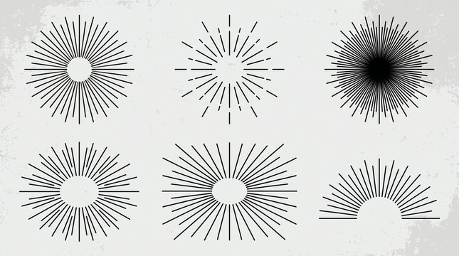 Set of six vintage sunburst design elements on textured paper background