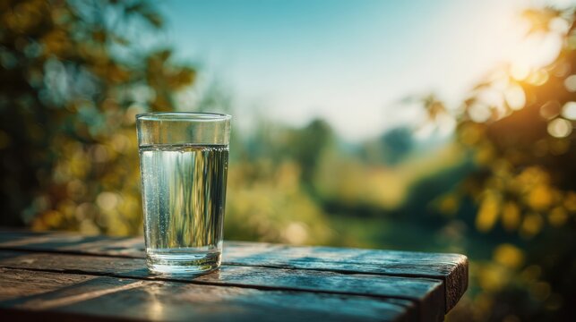 Sunlit glass of water on rustic wooden table, outdoor hydration refreshment, clean drinking water concept in nature