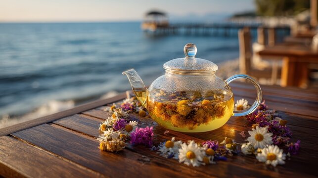 Glass teapot with blooming flower tea on wooden table, calm seaside caf&eacute; setting, herbal infusion wellness concept