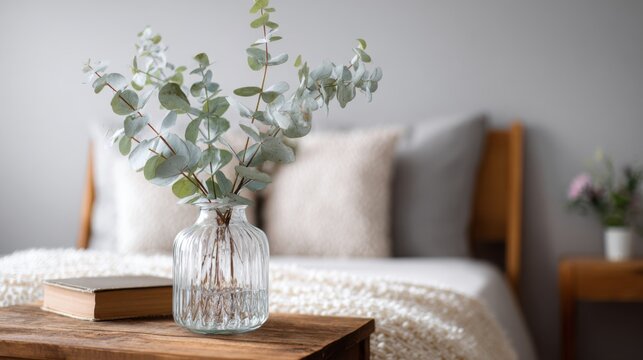 Cozy bedroom interior with glass vase and eucalyptus on wooden table, neutral bedding and soft bokeh home decor scene