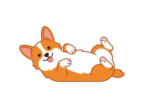 Cute Cartoon Dog Lying On Back Relaxing.