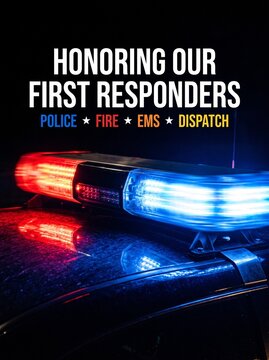 A tribute graphic honoring first responders featuring a police car light bar with glowing red and blue emergency lights against a black background with text including police, fire, ems, and dispatch.