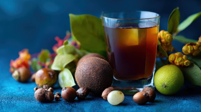 Rustic herbal tea in glass, hot infusion on dark moody background. Natural ingredients, wellness beverage concept