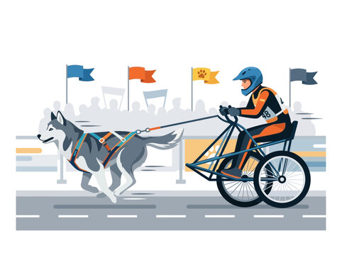 Man Biking With Two Siberian Huskies Attached Cart.