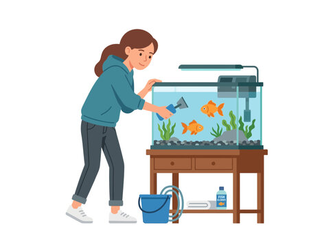 Woman Feeding Colorful Fish In Aquarium At Home.