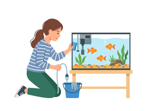 Child Feeding Fish In Home Aquarium Carefully.